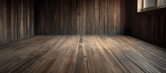 Poster - Rustic empty room with wooden flooring and walls ideal for photography and film set design creating a moody atmosphere