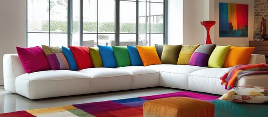 Poster - Modern living room with large white sofa decorated with colorful cushions showcasing contemporary interior design elements and vibrant aesthetic.
