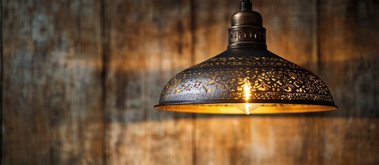 Poster - Elegant pendant lamp casting warm light in a rustic interior setting with textured wooden walls and vintage decor accents.
