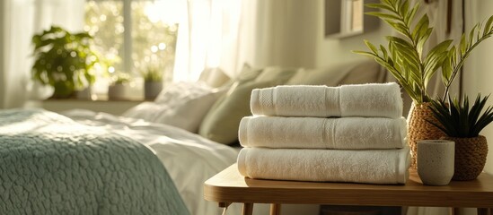 Poster - Neatly arranged stack of fluffy white towels on wooden table in cozy bedroom setting with natural light and plants in background