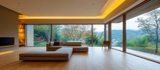 Poster - Minimalist modern living room with large windows showcasing contemporary home design and scenic outdoor views for inspiration.
