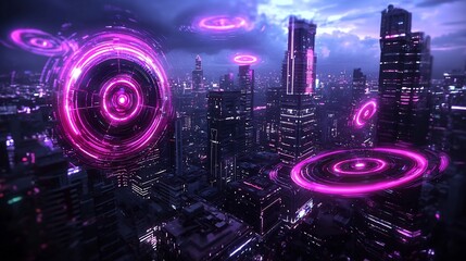 Poster - Captivating Quantum Ripples in Futuristic Neon Cityscape with Luminous Energy Fields and Ethereal Digital Particles   Mesmerizing Chromatic Oscillations Iridescent Visual Distortions