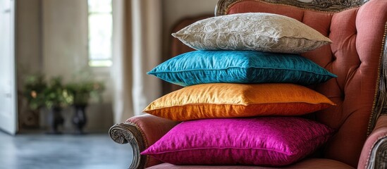 Poster - Vibrant vintage pillows stacked on an elegant armchair enhancing cozy interior decor with rich colors and textures in a stylish living space