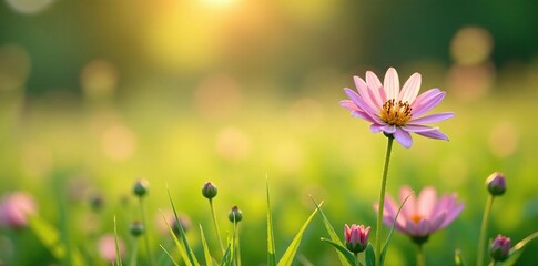 Wall Mural - Softly lit wildflowers in a meadow with gentle grasses, soft focus, peaceful
