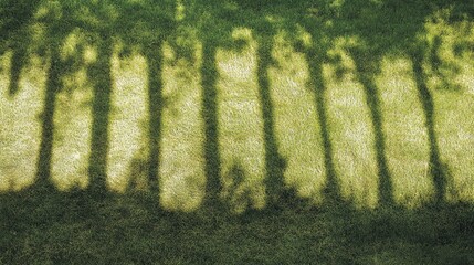Poster - Shadows of trees cast on green meadow grass creating a serene morning landscape scene