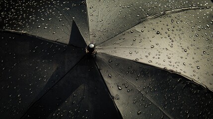 Poster - Black umbrella with raindrops illuminated by sunlight creating interesting shadows and reflections on the surface.