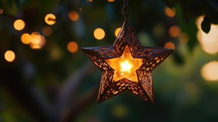 Poster - Warm glowing star lantern with bokeh background of soft golden lights in a serene outdoor setting during twilight hours.