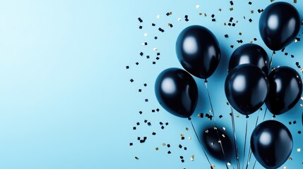 Poster - Black balloons and gold confetti on a blue backdrop perfect for birthday invitations or event decoration creative design template