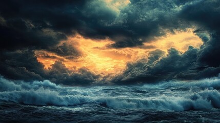 Wall Mural - Dramatic stormy ocean scene with dark clouds and golden light illuminating the horizon creating an intense atmospheric effect