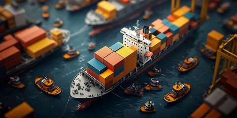Poster - Sweeping aerial perspective showcasing the intricate choreography of cargo ships container vessels and towering cranes transferring freight at a bustling offshore logistics center