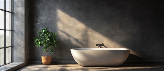 Poster - Textured porcelain bathroom wall with natural light and plant enhancing contemporary interior design aesthetic and inspiration for decor choices