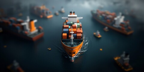 Poster - Sweeping aerial perspective showcasing the intricate choreography of cargo ships container vessels and towering cranes transferring freight at a bustling offshore logistics center