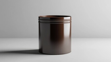Poster - Dark Brown Tin Can on Minimalist White Background with Sleek Label Design and Soft Shadow for Product Presentation or Brandingç”¨é€”.