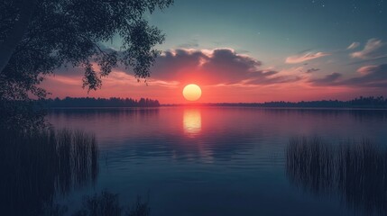 Poster - Tranquil Sunset Reflected on Serene Lake Surrounded by Lush Foliage and Clouds in a Peaceful Natural Landscape