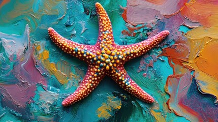 Poster - Colorful Starfish on Abstract Painted Background with Vibrant Oceanic Tones and Textures