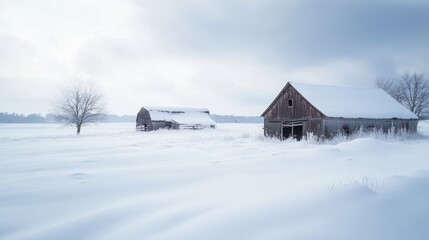 Poster - Snow-covered fields surround old barn houses in a serene winter landscape under a cloudy sky with a solitary tree in the distance.