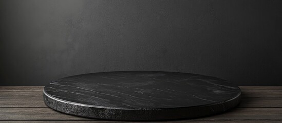 Poster - Black wooden tabletop on dark backdrop ideal for product display with empty space for branding and creative visuals in isolated environment
