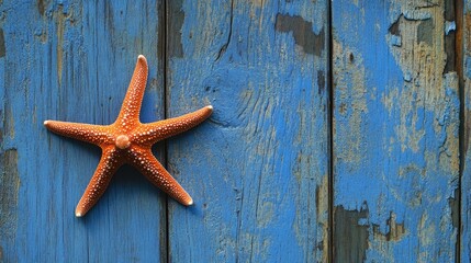 Poster - Starfish resting on weathered blue wooden surface with ample negative space for text or design elements