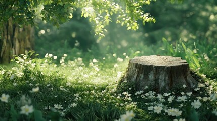Poster - Summer garden scene with tree stump surrounded by lush greenery and wildflowers in a serene natural setting.