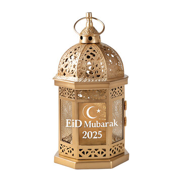 Eid Mubarak 2025 greeting with ornate golden lanterns and  isolated on white background . .PNG transparent