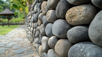 Poster - Modern stone wall design featuring cemented pebbles for innovative interior and landscape architecture solutions in outdoor spaces.