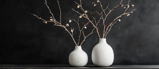 Poster - Elegant vases with decorative dry branches on black backdrop showcasing minimalist home decor style and enhancing interior aesthetics