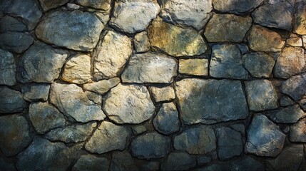 Poster - Textured stone wall background with natural lighting showcasing various rock shapes and colors ideal for architectural and design projects.