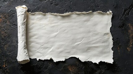 Poster - Rolled edge tattered textured white paper on dark background for vintage or artistic designs and presentations.