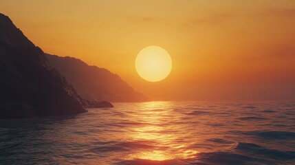 Poster - Serene sunset over calm sea with reflections and rocky coastline creating a tranquil atmospheric landscape scene.