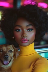 Wall Mural - Portrait of a woman in a yellow turtleneck sweater holding a happy dog in a colorful cafe setting during the afternoon with vibrant lighting and playful atmosphere