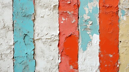 Poster - Textured colorful wall with abstract stripes showcasing peeling paint and artificial plaster in a unique artistic design.