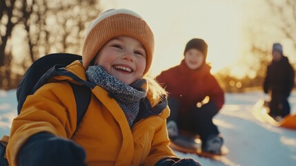 Wall Mural - Winter Wonderland Fun: A joyful child in an orange snowsuit beams with delight while sledding down a snowy hill, with friends enjoying the winter fun in the background.