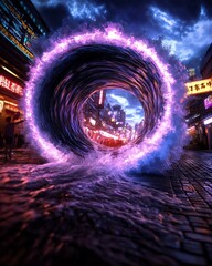 Poster - Captivating wave of luminous energy pulsing through a vibrant digital city with mesmerizing prismatic patterns and chromatic distortions  An abstract surreal and fantastical cityscape with futuristic