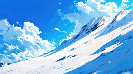 Poster - Mountain slope under a vibrant blue sky with dynamic clouds casting shadows on the snowy terrain showcasing natural beauty and tranquility.