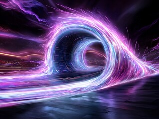 Poster - Enigmatic quantum energy vortex swirling with pulsating plasma particles neon hued ribbons and scintillating light distortions in a vibrant retro futuristic landscape  A digital evoking a hypnotic