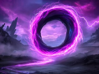 Poster - Enigmatic Quantum Energy Vortex Swirling with Pulsating Neon Hued Ribbons and Luminous Currents   Digital in Vibrant Sci Fi Style Depicting a Retro Futuristic Landscape and Twilight Metropolis