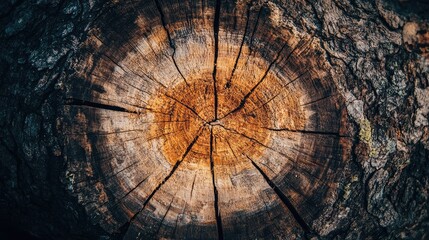 Poster - Tree trunk cross-section with intricate bark texture and natural patterns showcasing growth rings and earthy tones for design backgrounds.