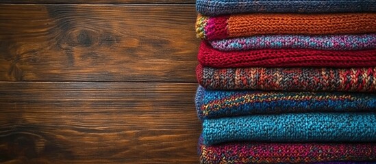 Poster - Colorful Knitted Sweaters Stacked on Rustic Wooden Background with Space for Text and Cozy Seasonal Vibes