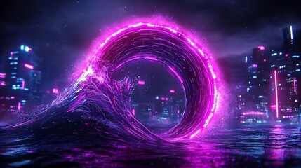 Poster - Captivating luminous wave of abstract quantum energy surging through a neon lit glitching holographic cityscape with a cinematic color palette and dynamic highly detailed visual aesthetic