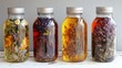 Herbal tinctures in glass jars showcasing dried herbs and flowers on a rustic white wooden table setting