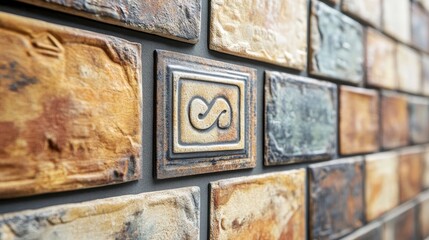Poster - Decorative brick wall tiles featuring a unique square bracket sign design with a rustic finish and varied textures.
