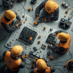 Poster - A team of focused offshore oil rig engineers in hard hats and safety vests collaborating to optimize complex automated industrial systems examining computer interfaces technical diagrams