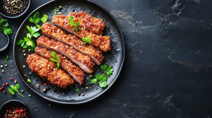 Delicious Tonkatsu Japanese pork dish served with seasonings garnished with fresh herbs on a dark background