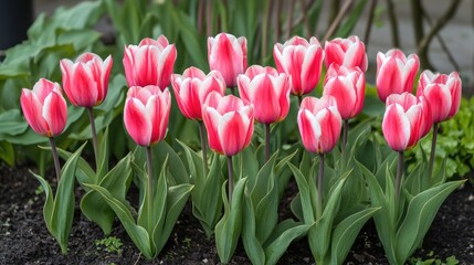 Poster - Spring Blooming Pink Tulips in a Lush Garden Setting with Green Foliage and Soft Natural Light