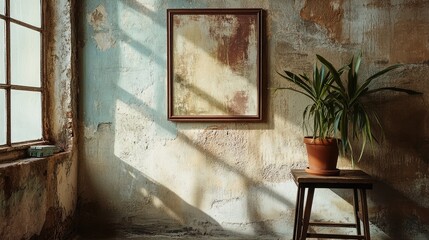 Poster - Empty wooden frame on an earthy toned wall with a plant stand creating a vertical poster mockup for interior decor and home staging.