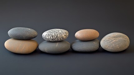 Poster - Neatly arranged decorative stones showcasing diverse shapes and textures against a dark background for aesthetic or spiritual concepts