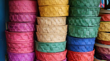 Poster - Colorful woven baskets stacked artistically in a vibrant display showcasing diverse textures and hues for decorative purposes.