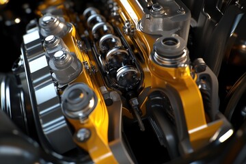 Poster - A detailed shot of a bright yellow engine with various mechanical components visible