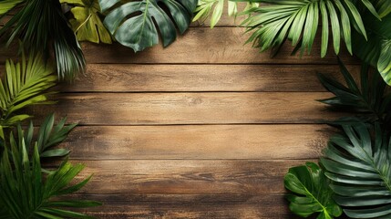 Poster - Tropical leaves framing a rustic wooden background perfect for creative designs or nature-themed projects