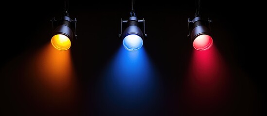 Poster - Three colorful spotlights casting dramatic hues on a dark background perfect for enhancing visual storytelling in photography and design